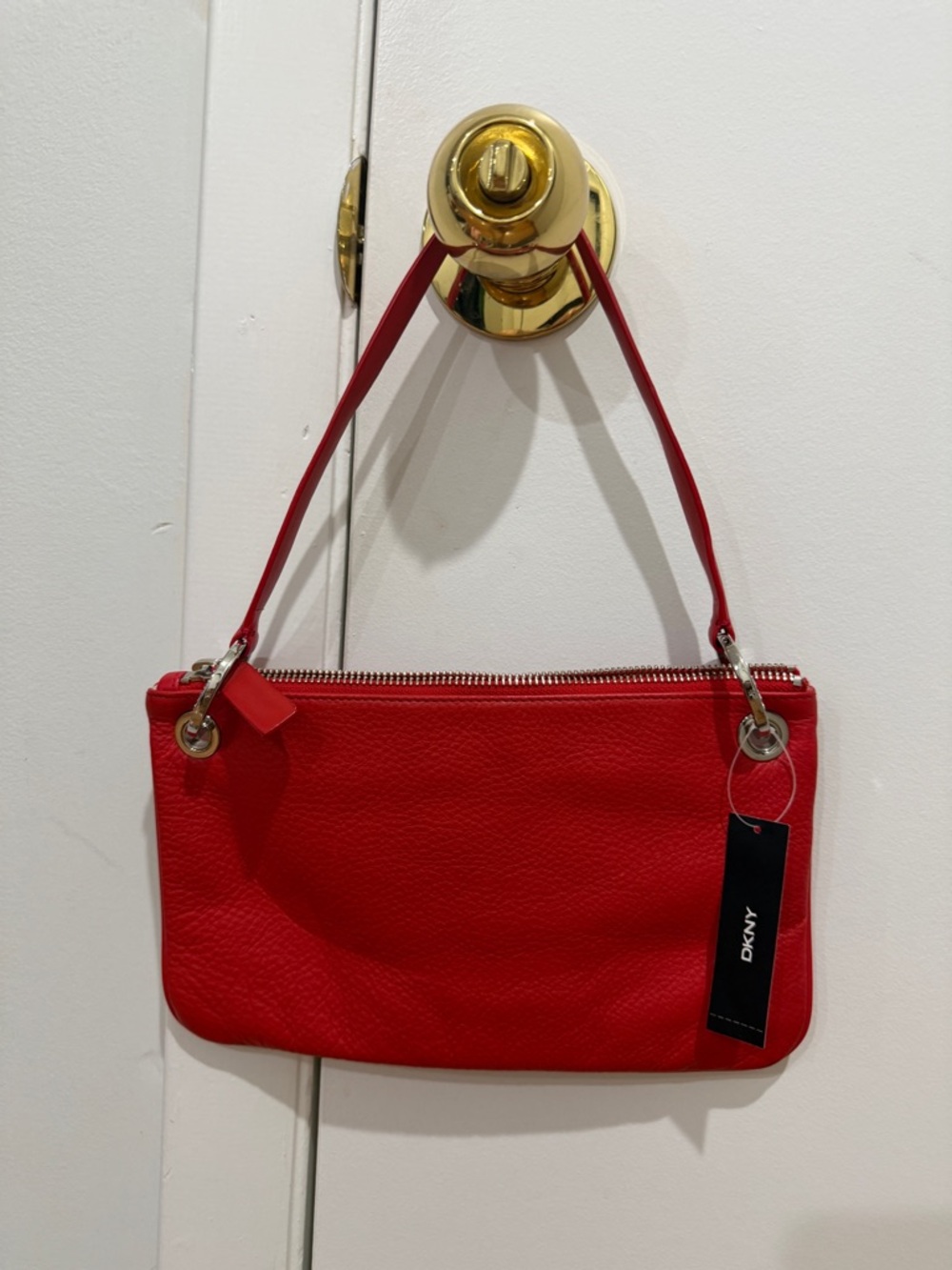 DKNY Red Leather Wristlet Clutch with Top Zip